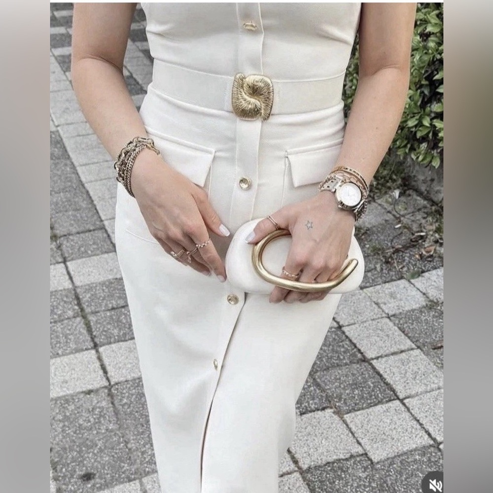 Zara NWT Elegant Cream Sleeveless Belted Midi Dress with Gold Details (Medium) - Picture 7 of 16